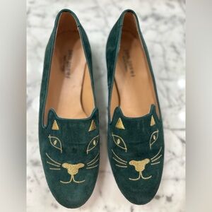 Jon Josef Green Suede - Cat Embroidered Loafers